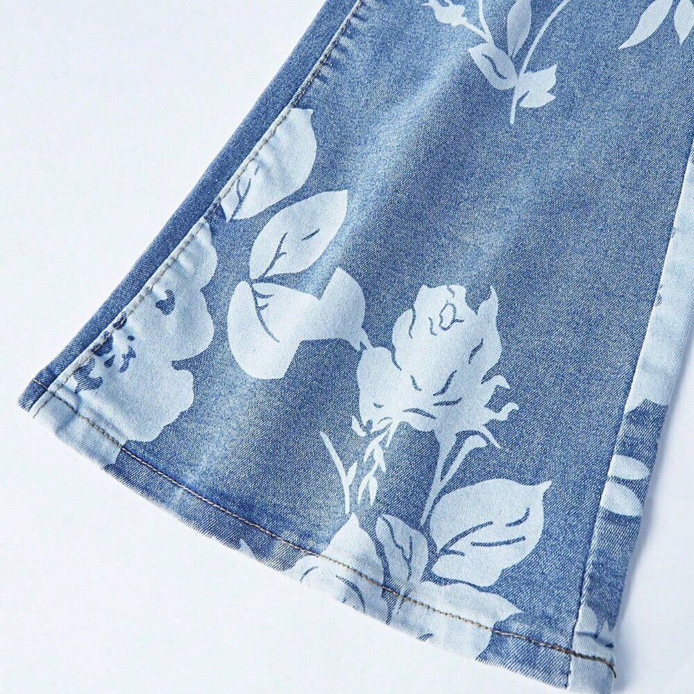 Light Wash Casual Women's Floral Printed Bootcut High Waisted Stretch Jeans - Picture 4 of 6
